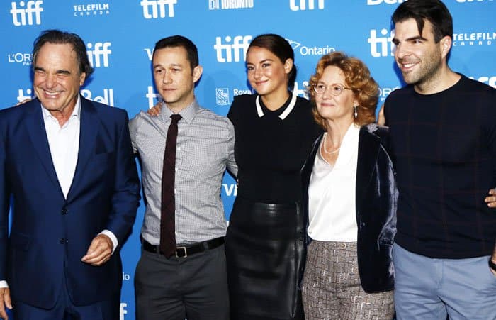 (L-R) Director Oliver Stone, actors Joseph Gordon-Levitt, Shailene Woodley, Melissa Leo, and Zachary Quinto attend "Snowden" press conference during the 2016 Toronto International Film Festival