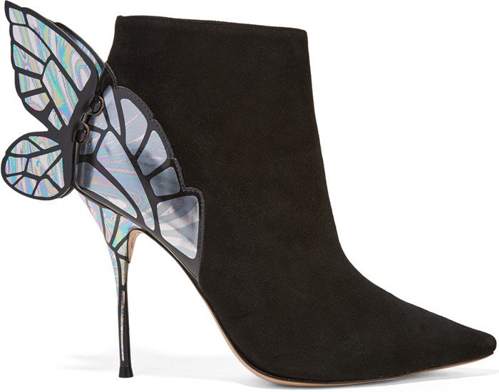 Supple black suede ankle boots with butterfly wings