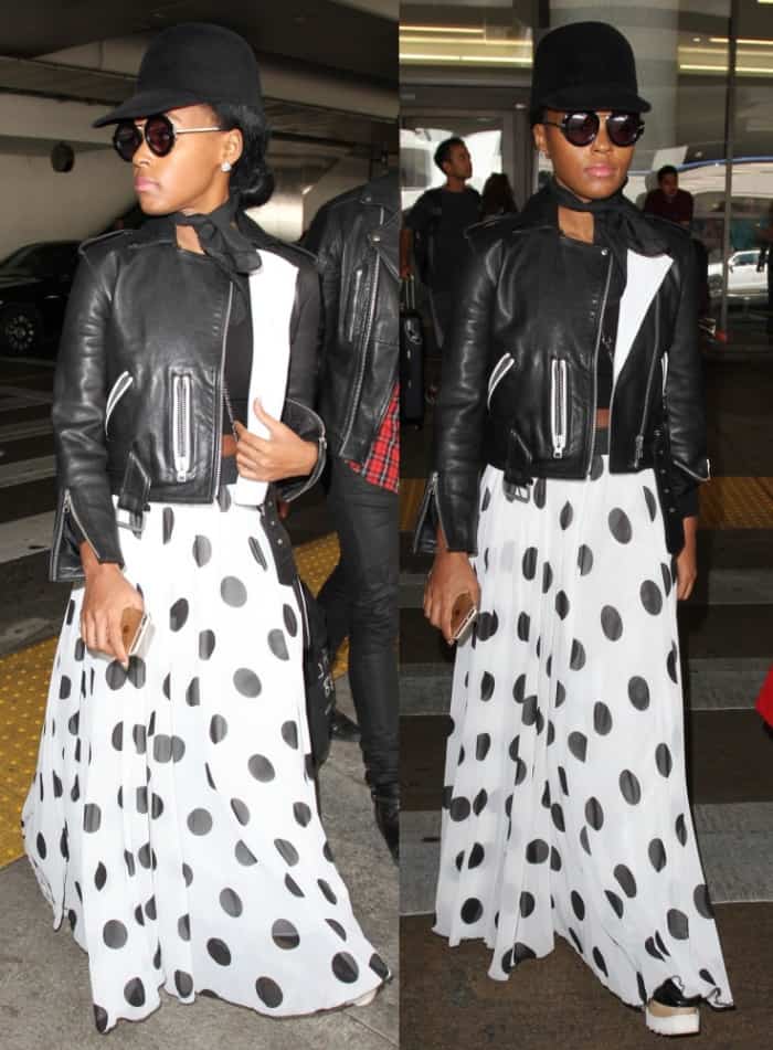 Janelle Monáe chose a timeless black and white color palette, making a statement with a bold polka-dotted maxi skirt