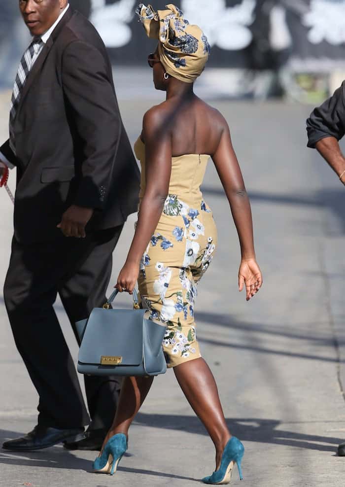 Lupita Nyong'o in an Erdem pencil dress paired with Paul Andrews pumps for a "Jimmy Kimmel Live!" appearance