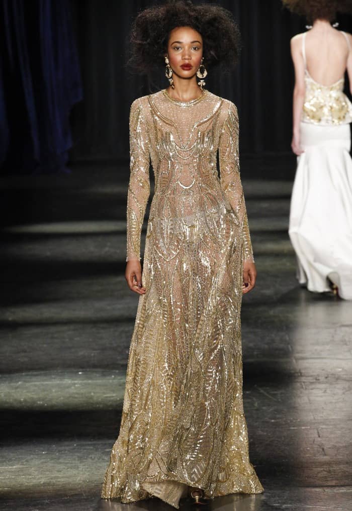 Naeem Khan Long Sleeve Gown with Round Neck from the Fall 2016 collection