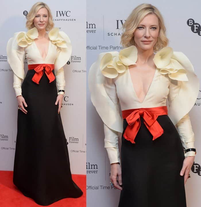 Cate Blanchett boldly adorned Look 74 from Guci's latest lineup—an exquisite ivory and black silk-wool gazar gown—as she attended an IWC Gala Dinner in honor of the British Film Institute in London