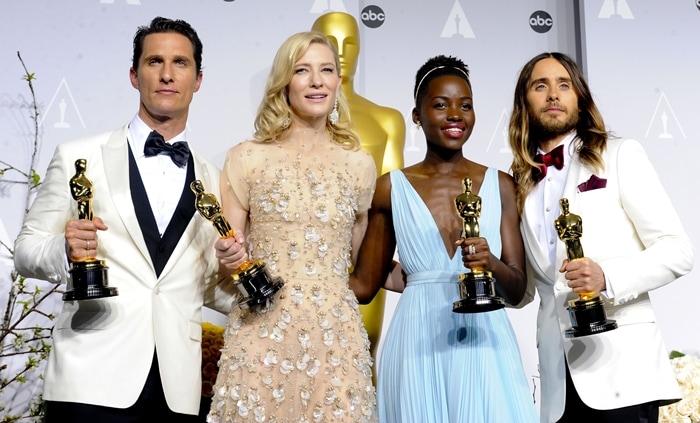 Matthew McConaughey (l-r), Cate Blanchett, Lupita Nyong'o and Jared Leto pose in the press room of the 86th Academy Awards