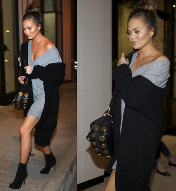 Chrissy Teigen arrives in a Raquel Allegra v-neck shirt dress