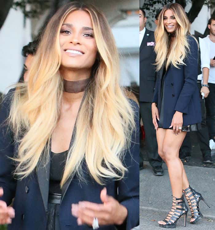 Ciara attended the CFDA/Vogue Fashion Fund Fashion Show at Chateau Marmont on October 26, 2016, in Los Angeles, wearing an Akris navy wool tuxedo jacket with satin lapels, styled with black strappy heels