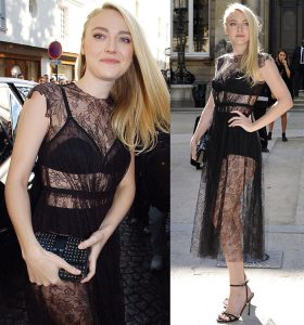 Dakota Fanning's Underwear in See-Through Lace Dress and Black Heels
