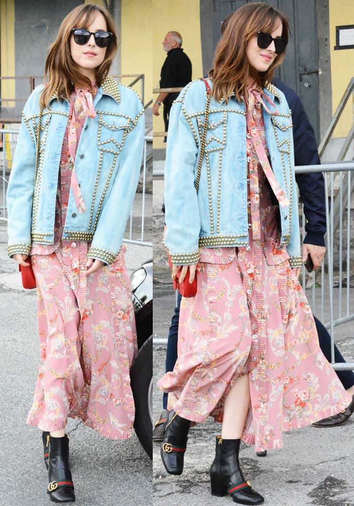 Dakota Johnson rocked a floral dress with an oversized studded denim jacket