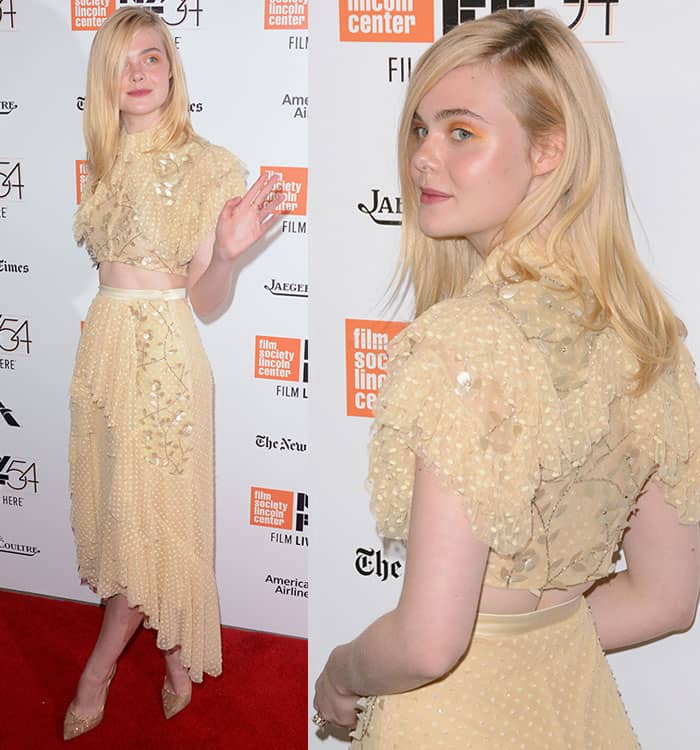 Elle Fanning captivated the red carpet in a sunny yellow lace ensemble adorned with polka dots from Rodarte’s Spring 2017 collection at the premiere of "20th Century Women"