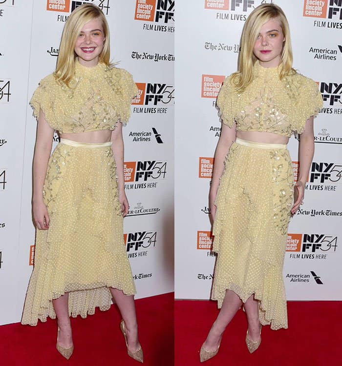 Elle Fanning chose to accessorize minimally, wearing only a Tiffany & Co. ring, letting the outfit and her pristine complexion take center stage