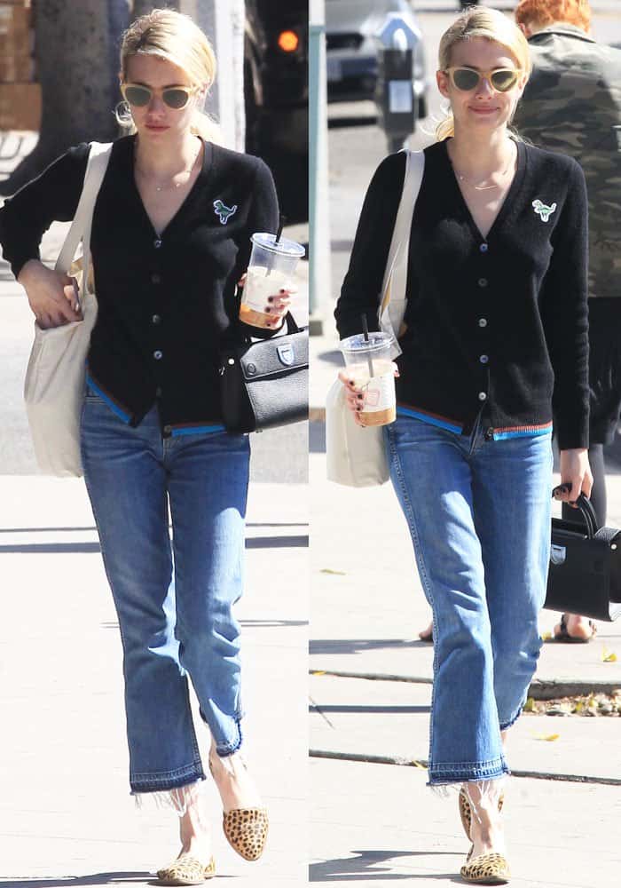 Emma Roberts took a morning coffee stroll in a dressed-down cardigan-and-jeans outfit