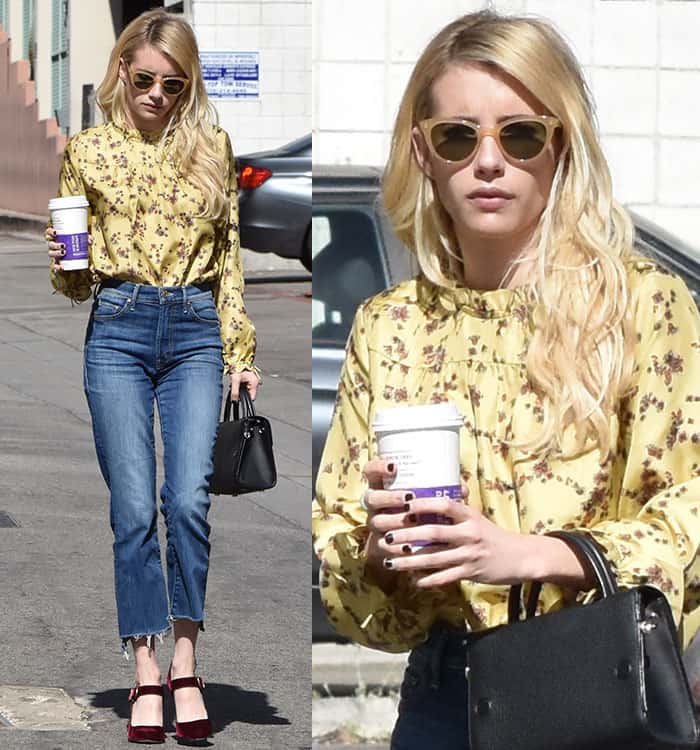 Emma Roberts in Wilfred for Aritzia blouse and Mother jeans