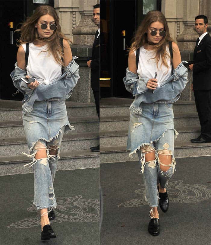 Gigi Hadid in a denim ensemble and Fred Salvador "Keen" mules later that same day