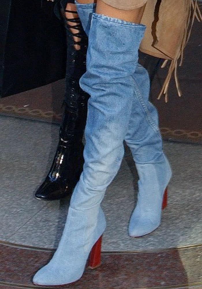 Hailey wore a Mugler Pre-Fall 2016 pair of denim thigh high boots