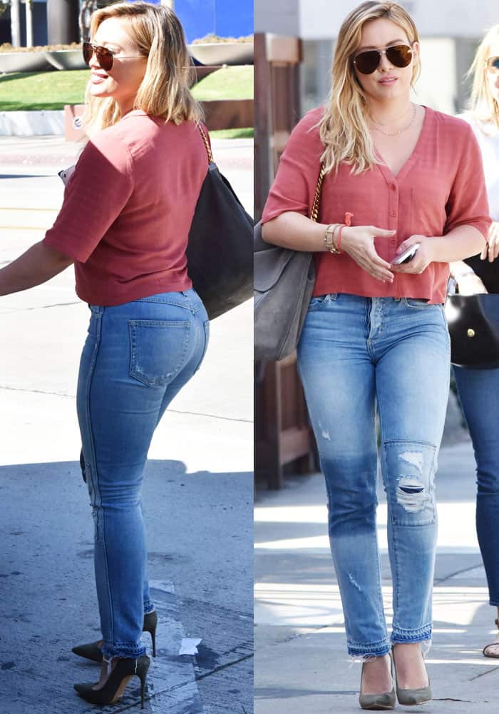 Hilary Duff wore a short-sleeved shirt from Topshop and AMO "Babe" denim jeans in Keepsake
