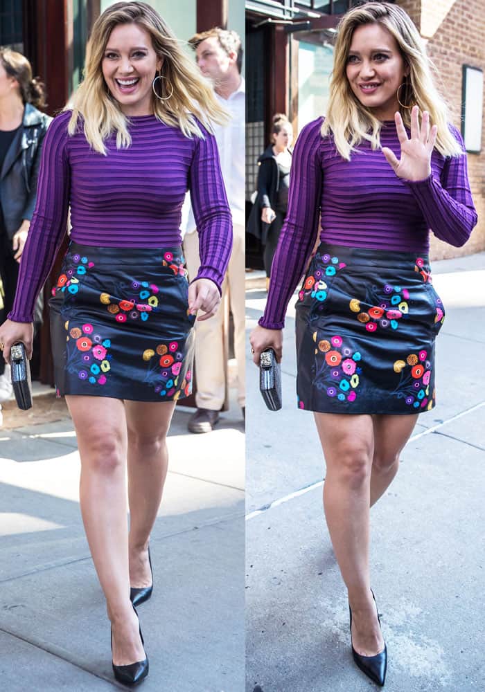 Hilary Duff leaves her hotel to promote the upcoming season of Younger on AOL Build in New York City