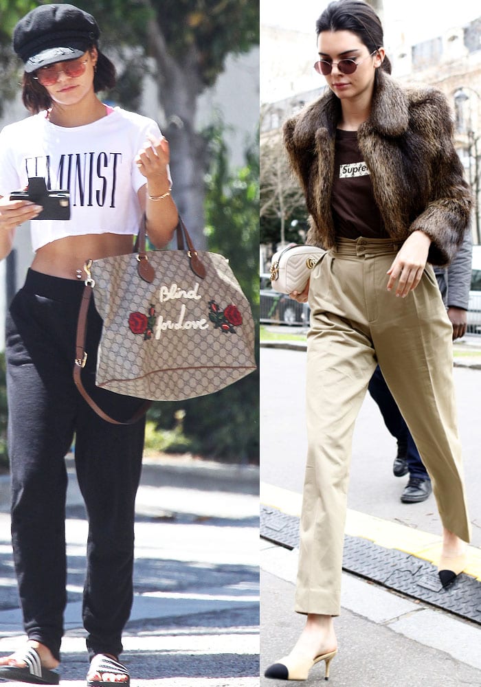 Vanessa Hudgens and Kendall Jenner casually stroll through town with their oversized and mini Gucci bags