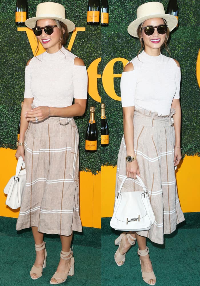 Jamie Chung donned a chic Suno cold shoulder top paired with a plaid midi skirt at the 7th annual Veuve Clicquot Polo Classic