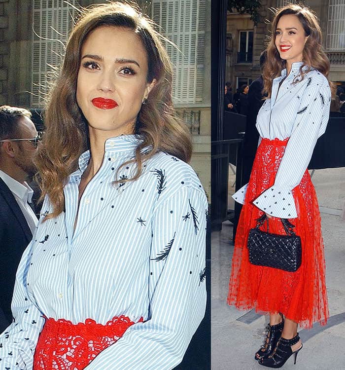 Jessica Alba in a blue and red ensemble from Valentino’s resort 2017 collection