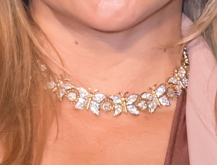 Kate Hudson's look is elevated by a stunning butterfly diamond necklace from Tiffany & Co.