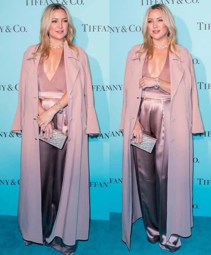 Kate Hudson stuns in a dusty rose Cushnie Et Ochs jumpsuit paired with a matching ankle-length coat at Tiffany & Co.'s Beverly Hills store celebration