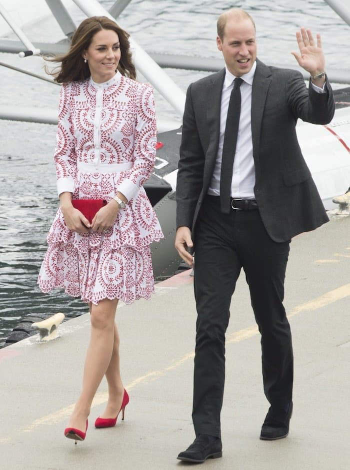 Kate went from semi-formal in blue to casual chic in red and white the next day when she attended the Immigrant Services Society in British Columbia and the Canadian Coast Guard and First Responders event.