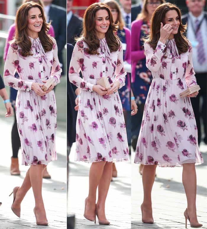 Kate Middleton in a Kate Spade dress paired with her Gianvito Rossi suede pumps to visit the London Eye for World Mental Health Day on October 11, 2016.