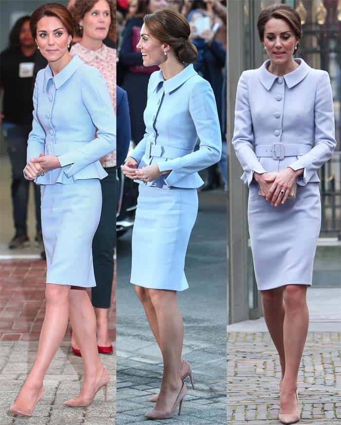 Kate Middleton flaunts her legs in a powder blue peplum suit by Catherine Walker