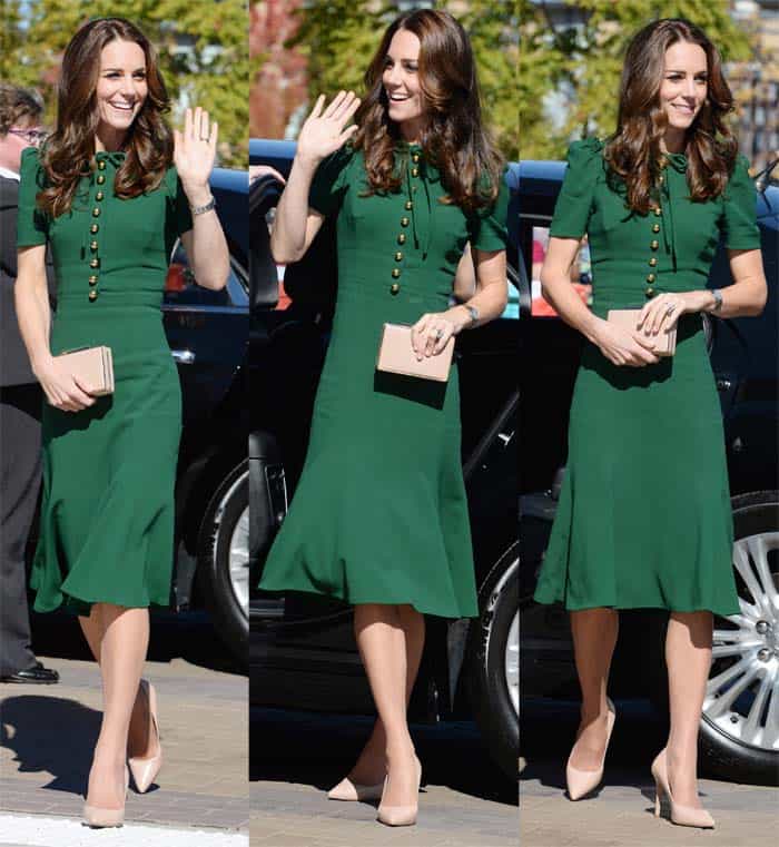 Kate Middleton in a Dolce & Gabbana dress paired with L.K. Bennett "Fern" pumps to visit the University of British Columbia on September 27, 2016