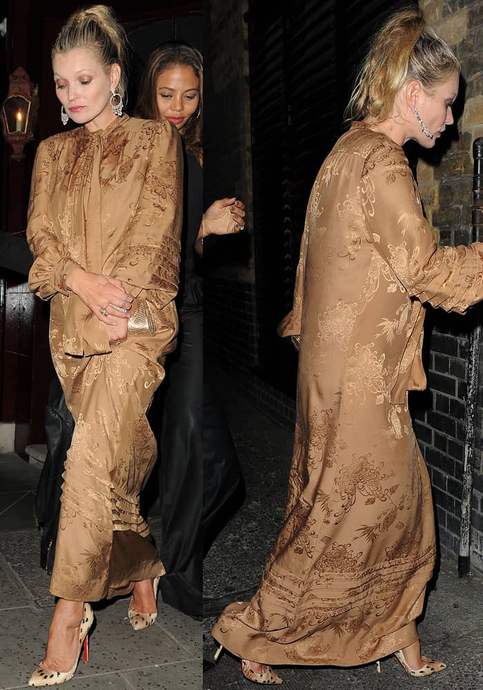Kate Moss looked stunning in a captivating brown dress adorned with delicate ruffle and ruching details on the sleeves and skirt as she graced the Love Magazine party hosted at the exclusive Lou Lou's private members club in the heart of Mayfair, London, on the evening of September 20, 2016