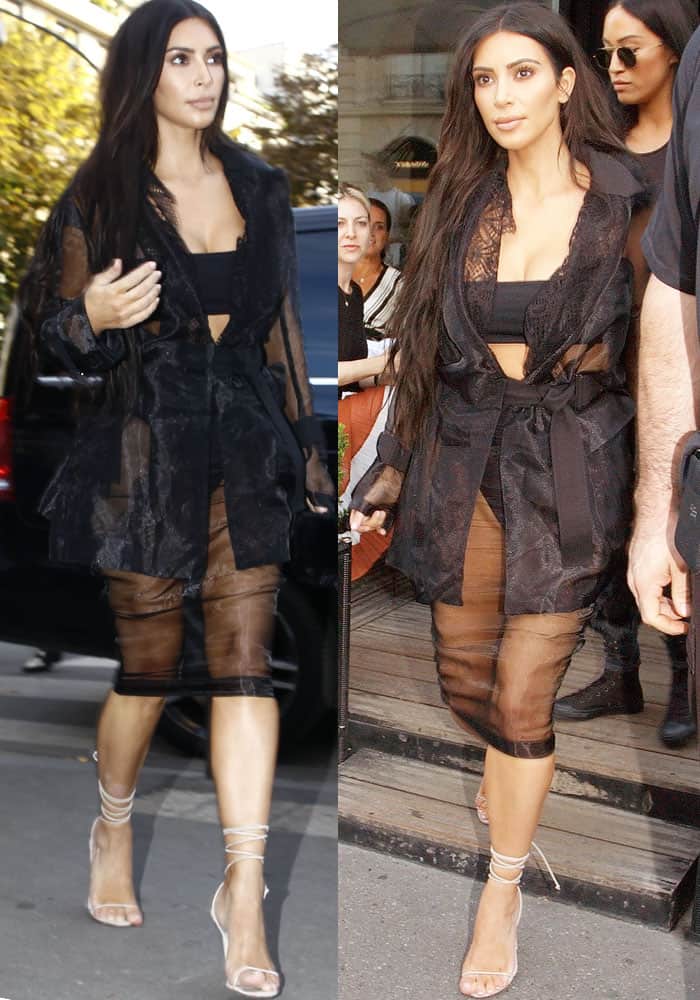 Kim wore a revealing outfit for her day duties, comprised of the Naked Wardrobe "Bahama Mama" bandeau bikini underneath a transparent belted jacket by Sacai.
