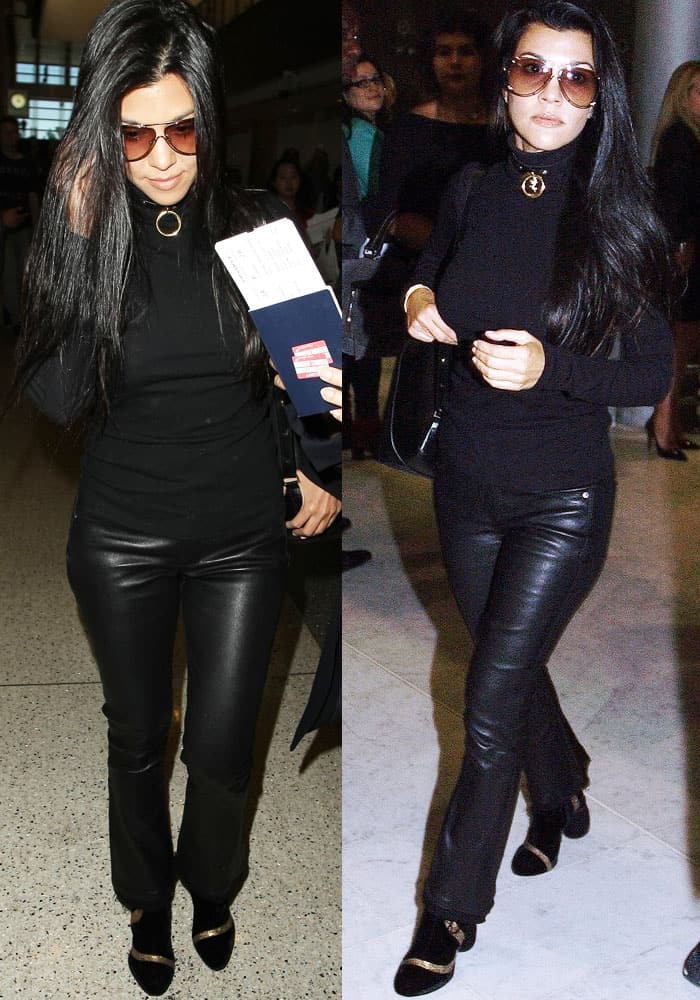 Kourtney Kardashian wore a J Brand "Centro" sweater in black paired with RtA "Kiki" flared and cropped leather pants