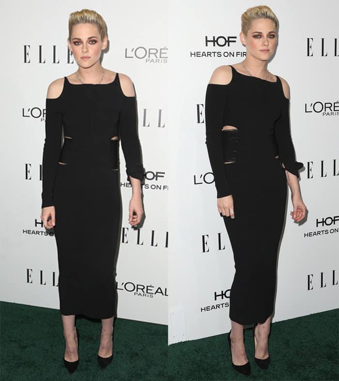 Kristen Stewart radiated chic elegance in a black stretch knit cutout dress by Roberto Cavalli, perfectly paired with Christian Louboutin's "So Kate" 120 black suede pumps at the 23rd Annual ELLE Women in Hollywood Awards