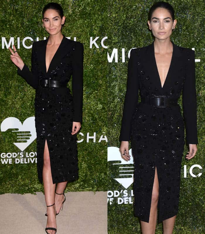 Lily Aldridge dazzles in a black, embellished Michael Kors dress with a plunging neckline and a high slit at the 2016 God’s Love We Deliver Golden Heart Awards