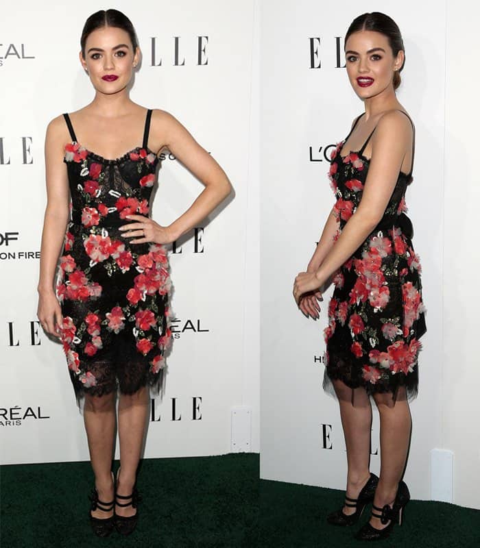 Lucy Hale elegantly sported a Marchesa floral embroidered cocktail dress, perfectly complemented by lace Mary Jane shoes