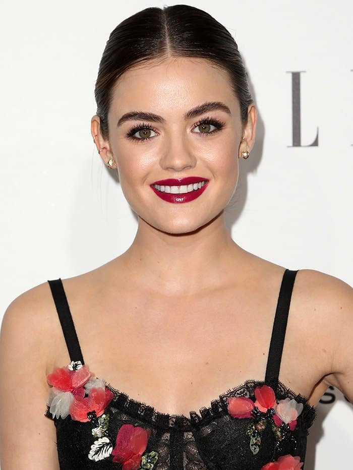 Lucy Hale looked stunning in a form-fitting, embellished dress by Marchesa at the 23rd Annual ELLE Women in Hollywood Awards