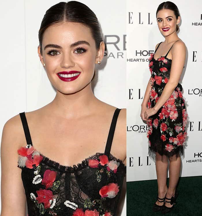 Lucy Hale shows off her collarbone in a floral embroidered Marchesa cocktail dress