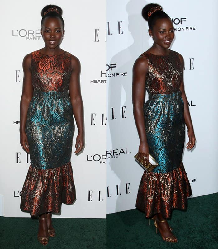 Lupita Nyong’o dazzled in a jewel-toned number by Duro Olowu styled with strappy Brian Atwood heels
