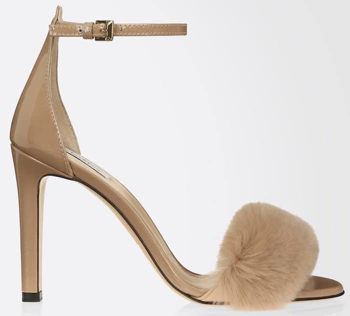 Max Mara "Oliveto" Patent Rabbit Fur Sandals in Nude