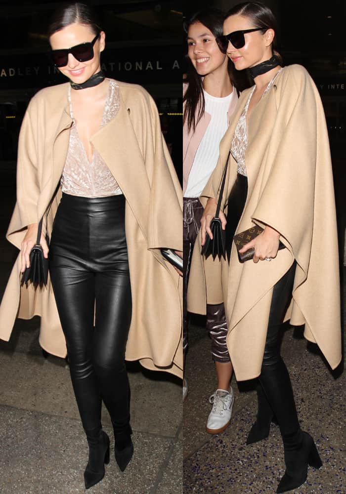 Miranda Kerr was seen wearing a champagne-tone velvet bodysuit by Mystylemode beneath a stylish tan trench coat