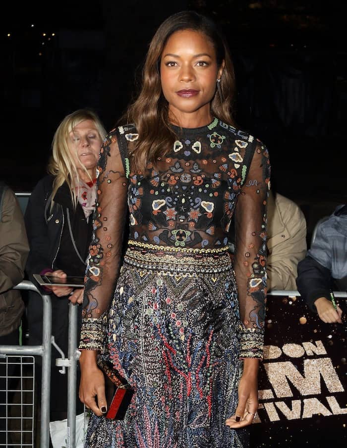 Naomie Harris' dark lipstick harmoniously matched the rich hues of her long-sleeved dress, while her hair was meticulously styled into retro waves