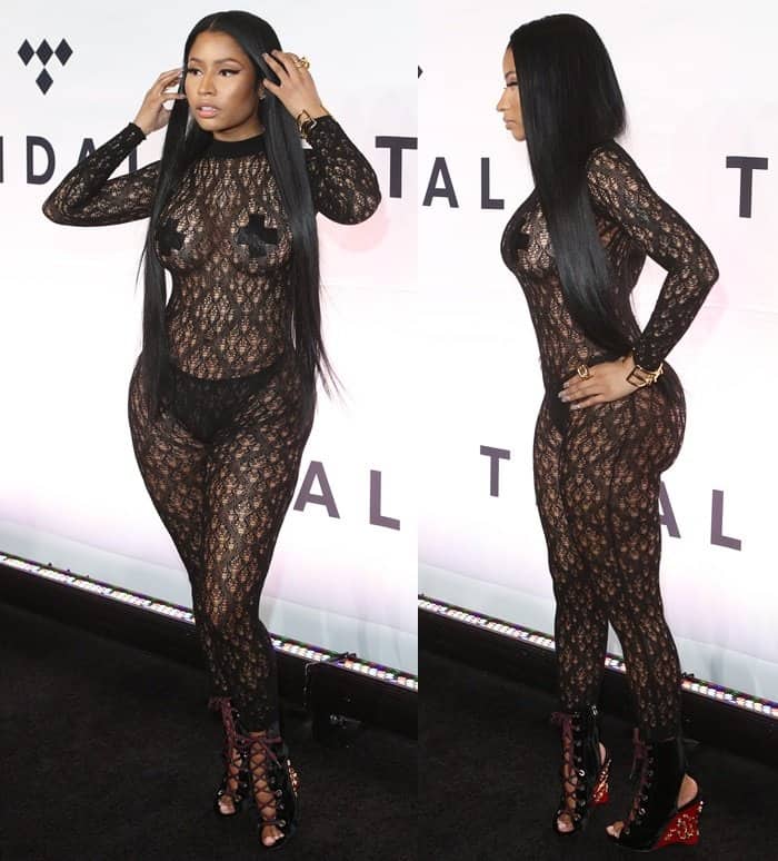 Nicki Minaj leaves little to the imagination in a Maison Margiela lace bodysuit with a pair of black suede lace-up Prada wedge booties