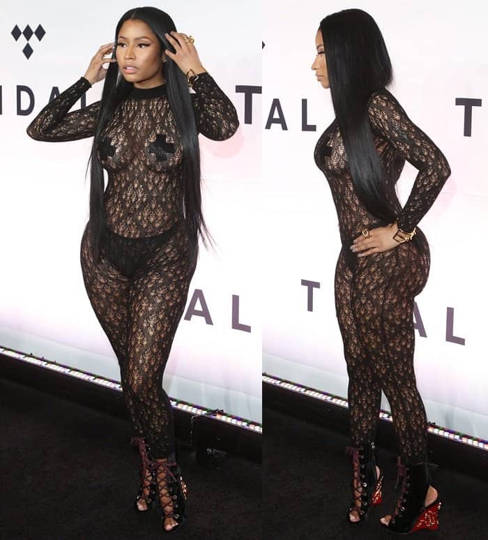 Nicki Minaj dazzles in a sheer lace Maison Margiela bodysuit, leaving little to the imagination, as she confidently poses at the Tidal X benefit concert
