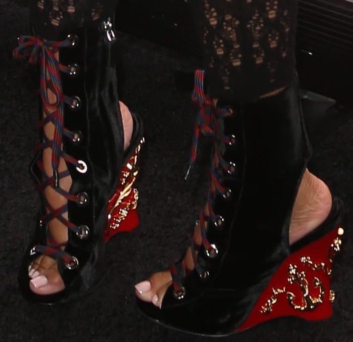 Nicki Minaj shows off her sexy toes in Prada embellished wedge booties