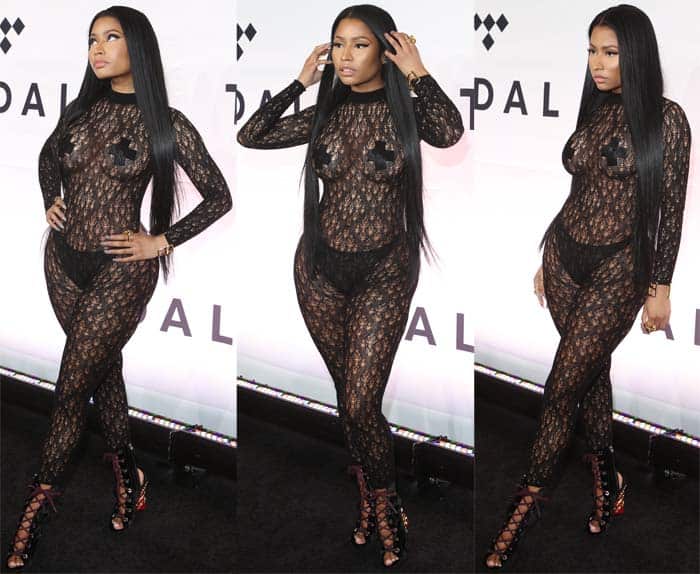 Nicki Minaj in a sheer bodysuit at the TIDAL x 1015 concert on October 15, 2016, in New York City