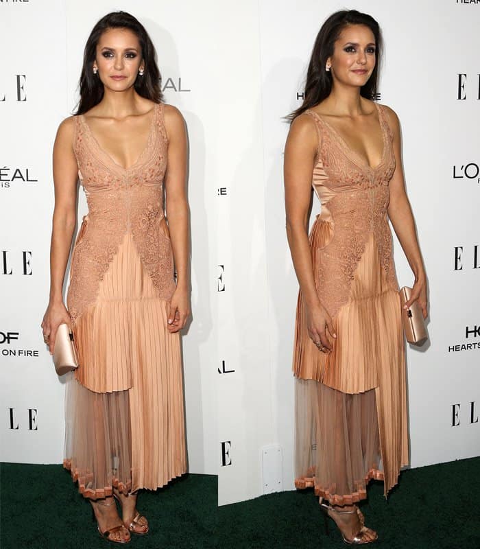 Nina Dobrev chose an unexpected design from Stella McCartney's Fall 2016 collection: a peach lace, pleated dress with sheer panels, ending at ankle-length with a v-neckline