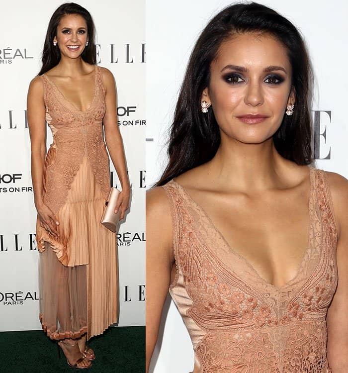 Nina Dobrev stuns in a peach-colored lace and pleated dress by Stella McCartney at ELLE’s Women in Hollywood Awards