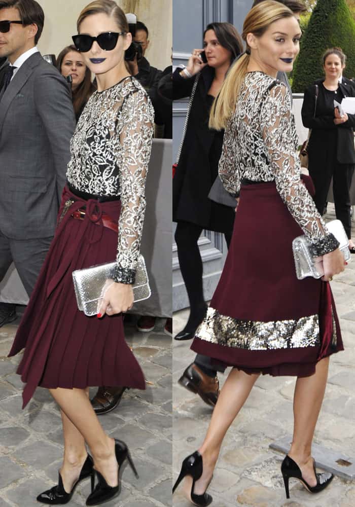 At the Christian Dior show during the Paris Fashion Week Spring/Summer 2017 in Paris, France, on September 30, 2016, Olivia Palermo confidently donned a sheer metallic Christian Dior top, elegantly paired with an alluring pleated wrap skirt in a luxurious burgundy hue