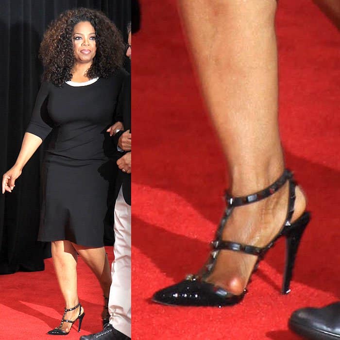 Oprah Winfrey with a painful-looking bunion showing through the straps of her Valentino 'Rockstud' pumps at the World Premiere of 'The Hundred Foot Journey' in New York City on August 5, 2014.