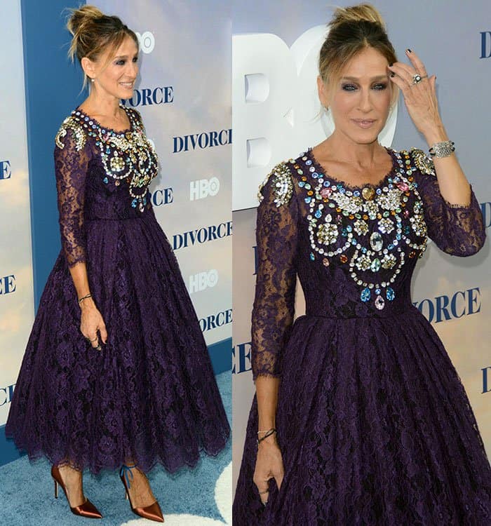 Sarah Jessica Parker's regal appearance was accentuated by the dress's intricately embellished bodice, adorned with a dazzling array of multicolored and multi-sized crystals and jewels at the New York Premiere of "Divorce"