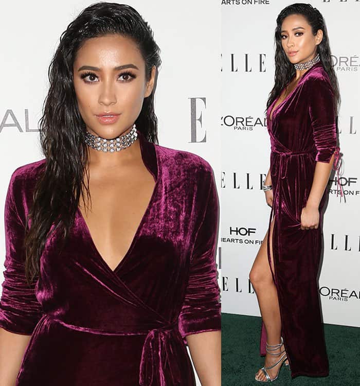 Elegance and edge: Shay Mitchell captivates in a velvet wrap dress by Attico during the Elle Women in Hollywood Awards, Beverly Hills, October 24, 2016